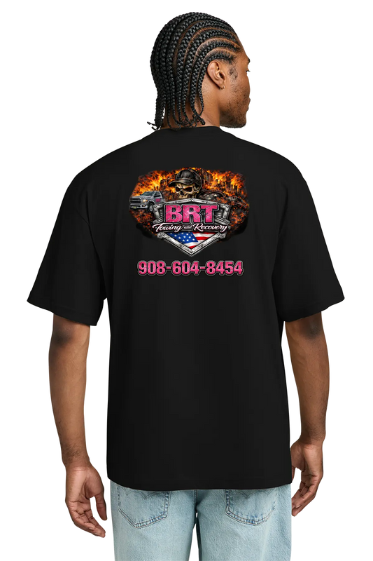 Person wearing a black t-shirt with a logo and text on the back, on a white background. BRT Towing and Recovery, Paper Street Print Co, Blairstown, NJ.