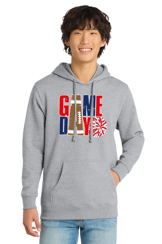 Person wearing a gray hoodie with 'GAMEDAY' design on a white background. Paper Street Print Co, Blairstown, NJ.