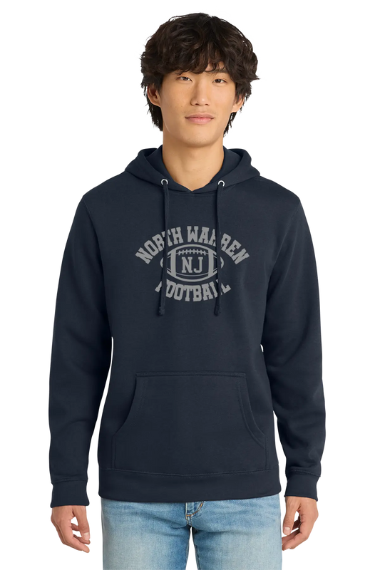 Person wearing a navy hoodie with 'North Walkeen NJ' text on a white background. Paper Street Print Co, Blairstown, NJ.