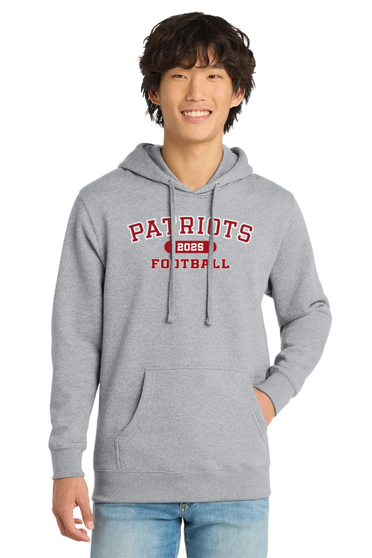 Person wearing a gray hoodie with 'Patriots Football' text on a white background. Paper Street Print Co, Blairstown, NJ.