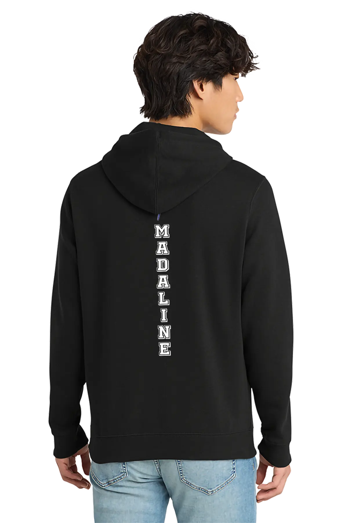 Person wearing a black hoodie with 'MADALINE' printed vertically on the back against a white background. Paper Street Print Co, Blairstown, NJ.