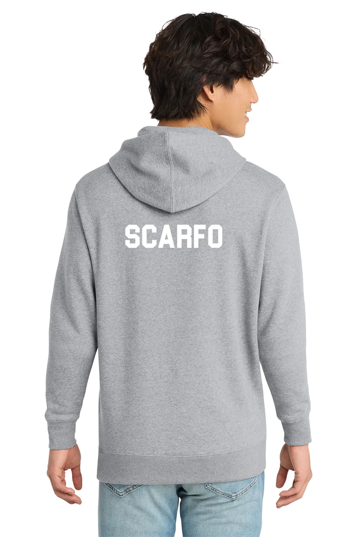 Person wearing a gray hoodie with 'SCARFO' printed on the back against a white background. Paper Street Print Co, Blairstown, NJ.