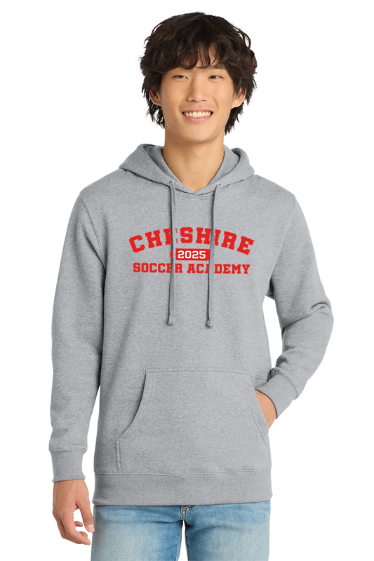 Person wearing a gray hoodie with 'Cheshire 2025 Soccer Academy' text on a white background. Paper Street Print Co, Blairstown, NJ.