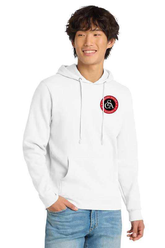 Person wearing a white hoodie with a red and black logo on a white background. Paper Street Print Co, Blairstown, NJ.