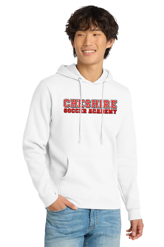 Person wearing a white hoodie with 'Cheshire Soccer Academy' text on a white background Paper Street Print Co, Blairstown, NJ.