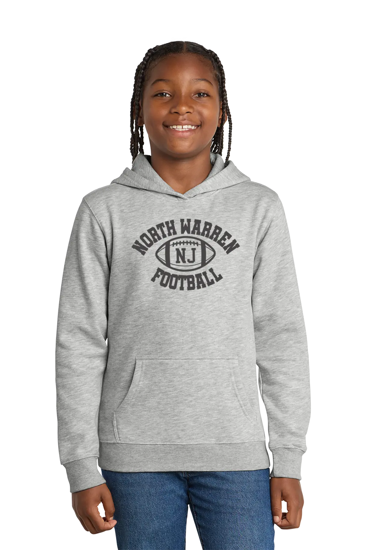 Child wearing a gray hoodie with 'North Warren Football' text on a white background. Paper Street Print Co, Blairstown, NJ.