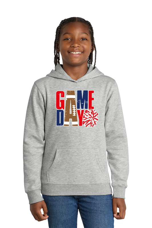 Child wearing a gray hoodie with 'GAMEDAY' design on a white background. Paper Street Print Co, Blairstown, NJ.