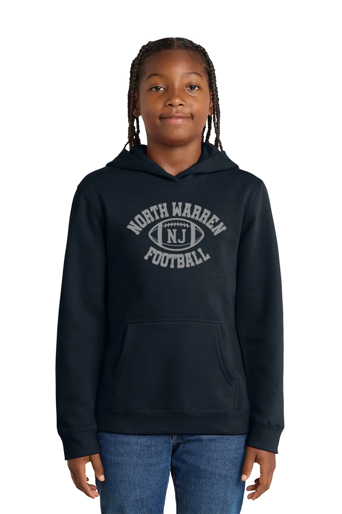 Person wearing a black hoodie with 'North Warren NJ Football' text on a white background. Paper Street Print Co, Blairstown, NJ.