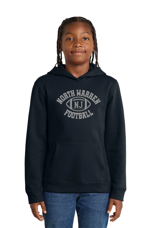Person wearing a black hoodie with 'North Warren NJ Football' text on a white background. Paper Street Print Co, Blairstown, NJ.