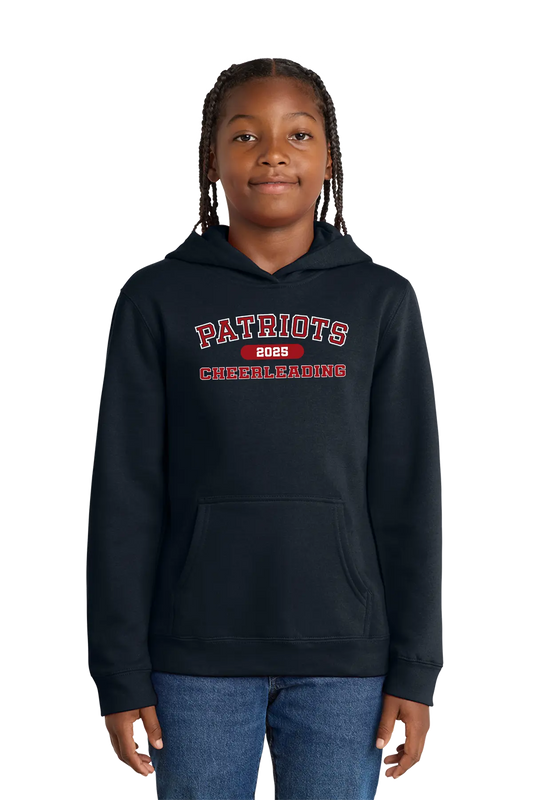 Person wearing a black hoodie with 'Patriots 2023 Cheerleading' text on a white background. Paper Street Print Co, Blairstown, NJ.