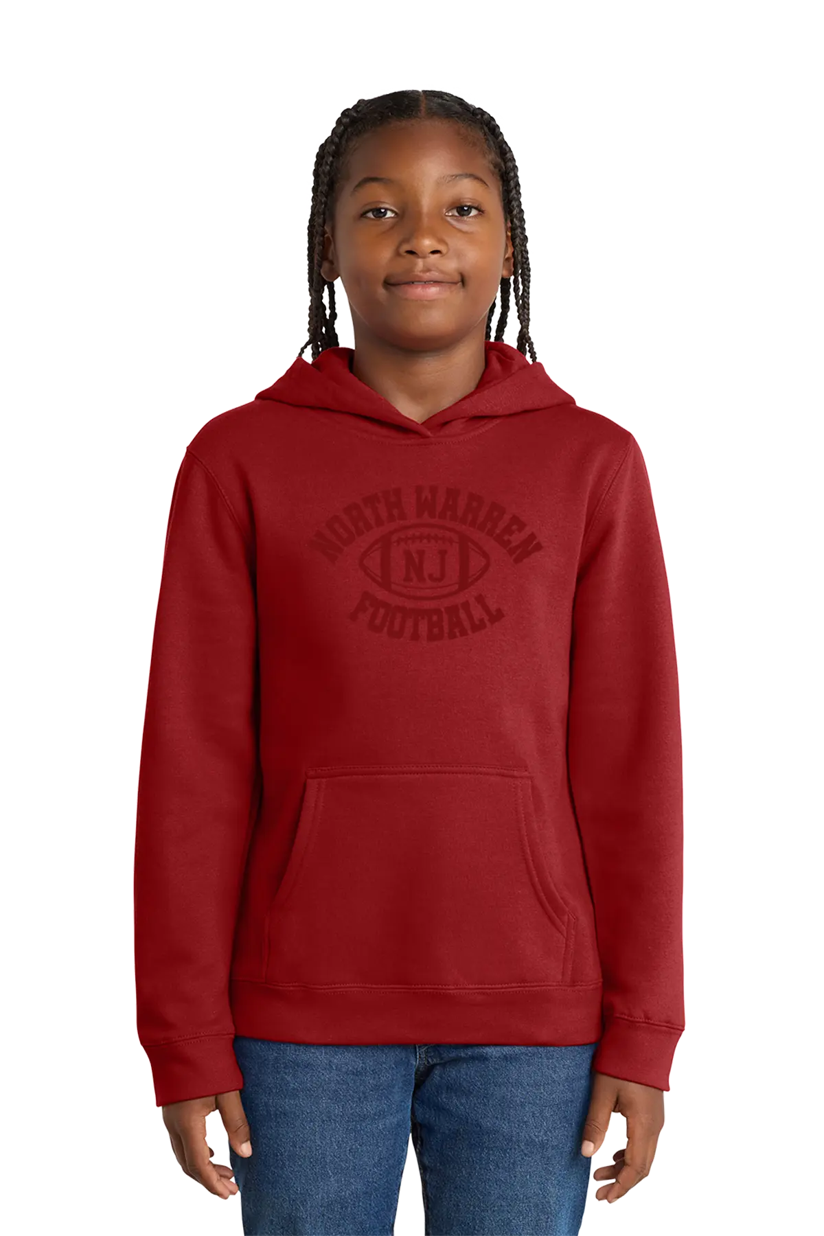 Person wearing a red hoodie with text on a white background. Paper Street Print Co, Blairstown, NJ.