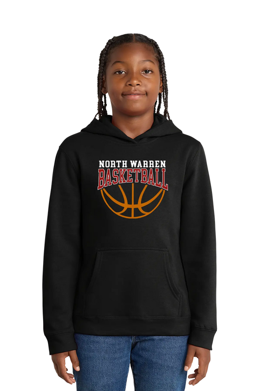Person wearing a black hoodie with 'North Warren Basketball' design on a white background. Paper Street Print Co, Blairstown, NJ.