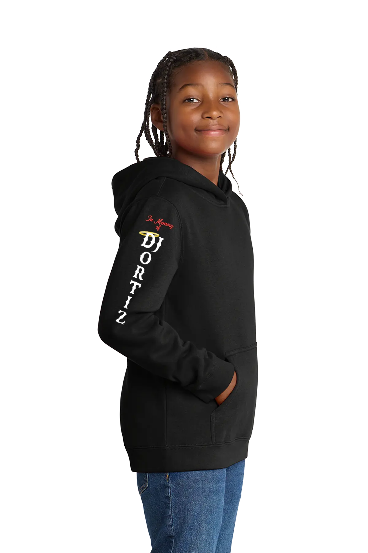 Person wearing a black hoodie with text and graphics on a white background. #JUSTICEFORDJ - Paper Street Print Co, Blairstown, NJ.