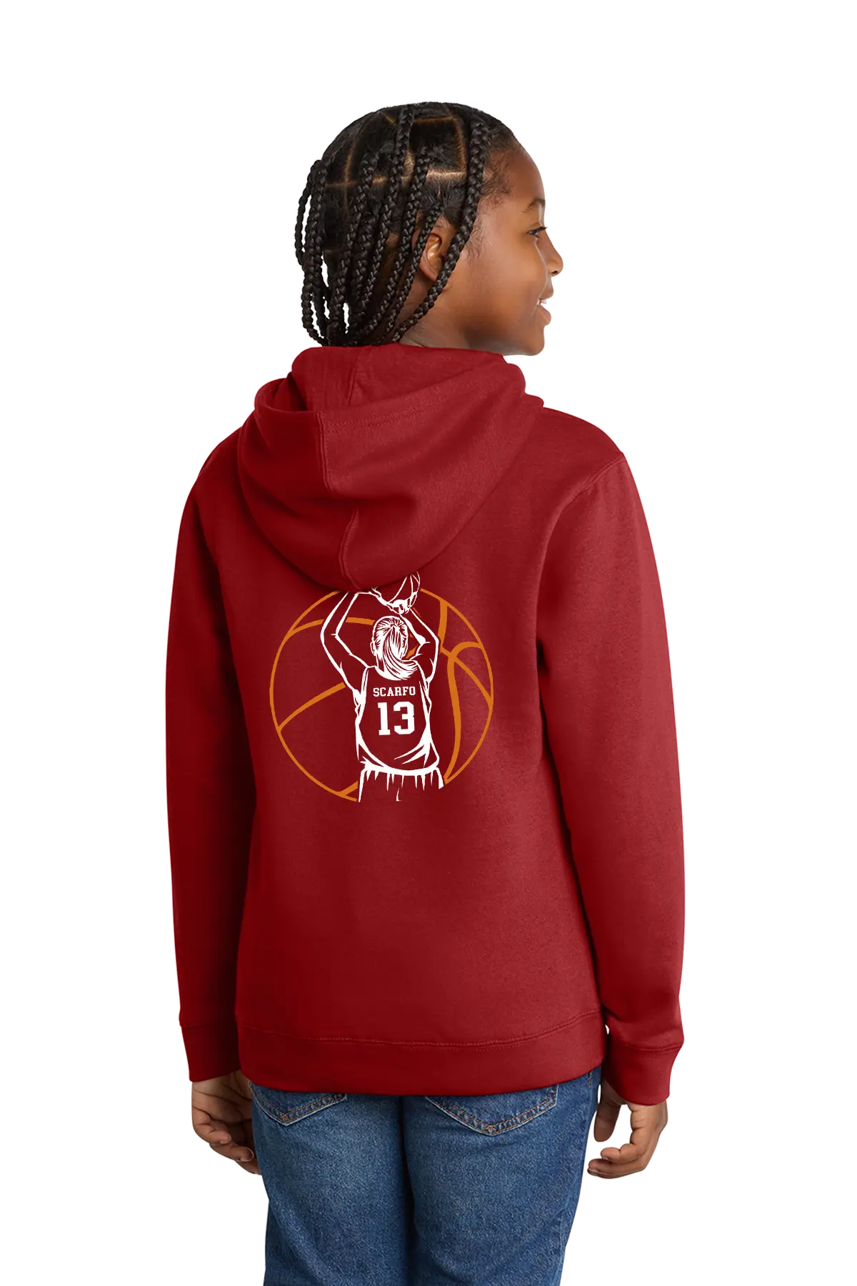 Person wearing a red hoodie with a basketball design on the back, standing against a white background. Paper Street Print Co, Blairstown, NJ.