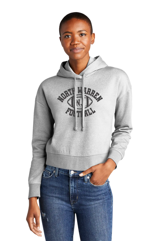 Person wearing a gray hoodie with 'North Warren Football' text on a white background. Paper Street Print Co, Blairstown, NJ.