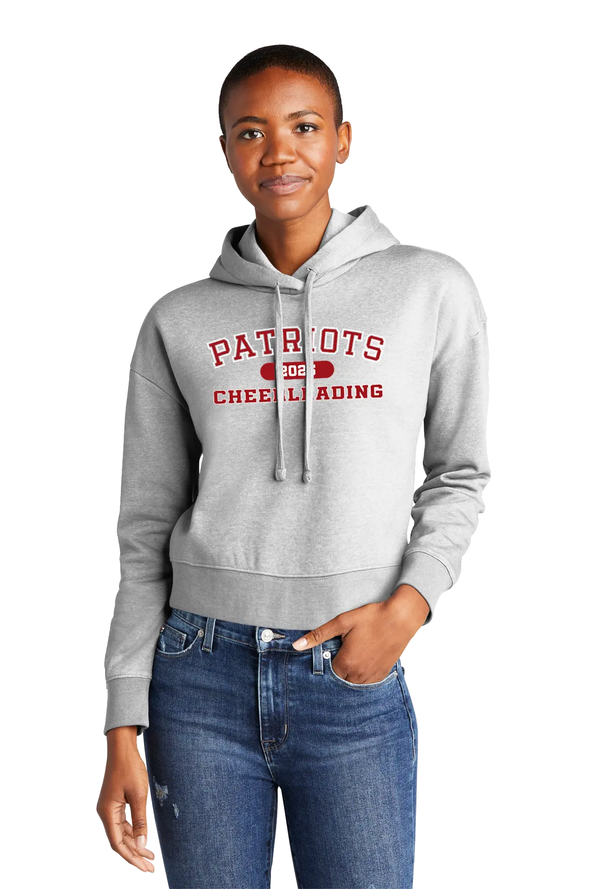 Person wearing a gray hoodie with 'Patriots Cheerleading' text on a white background. Paper Street Print Co, Blairstown, NJ.