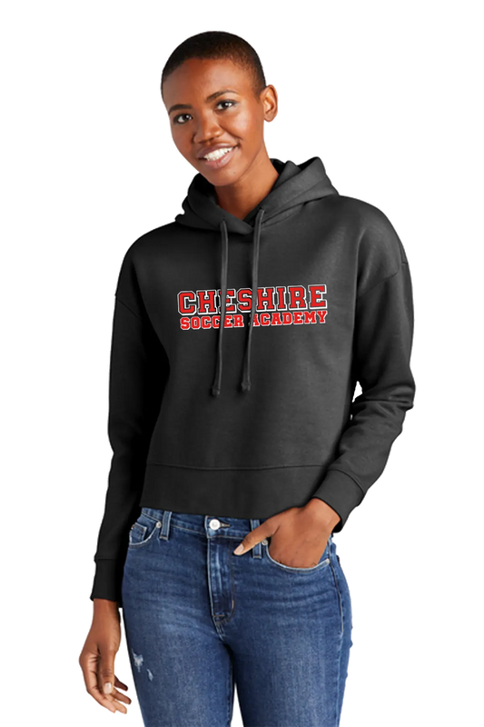 Person wearing a black hoodie with 'Cheshire Country Academy' text on a white background. Paper Street Print Co, Blairstown, NJ.