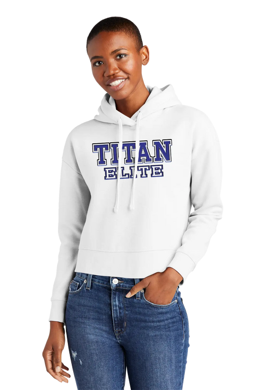 Person wearing a white hoodie with 'TITAN ELITE' text on a white background. Paper Street Print Co, Blairstown, NJ.