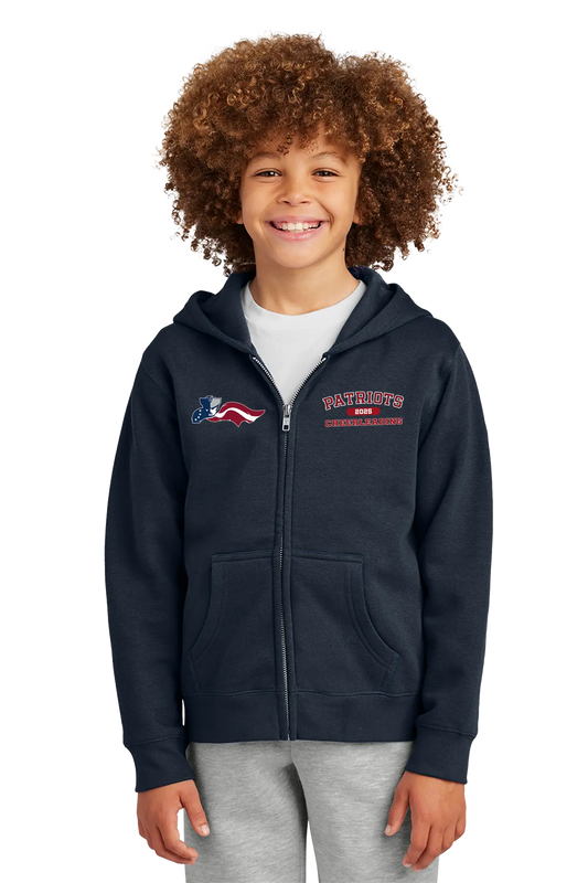 Child wearing a navy blue hoodie with a logo and text on a white background. Paper Street Print Co, Blairstown, NJ.