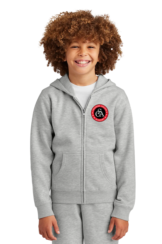 Child wearing a gray hoodie with a logo on a white background. Paper Street Print Co, Blairstown, NJ.