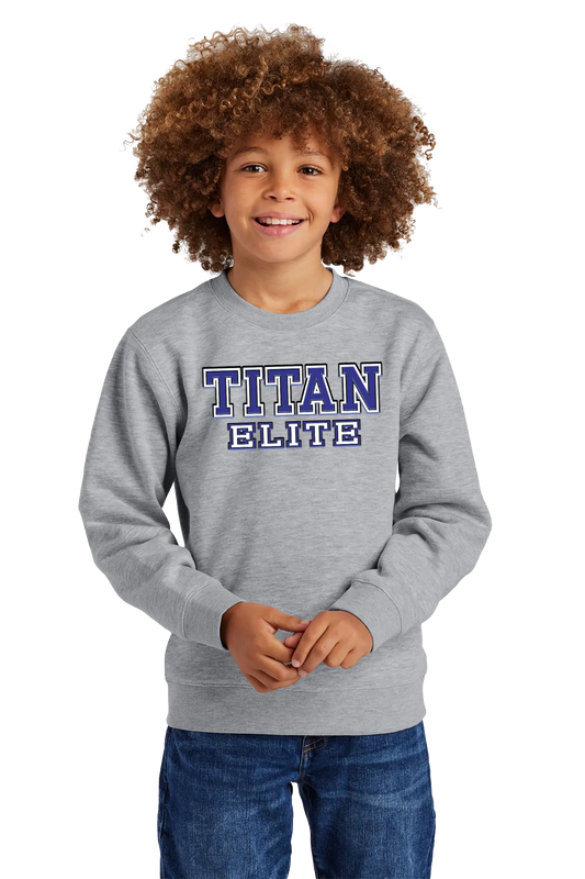 Child wearing a gray sweatshirt with 'TITAN ELITE' text on a white background. Paper Street Print Co, Blairstown, NJ.