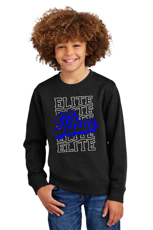 Child wearing a black sweatshirt with 'Elite' text design on a white background. Paper Street Print Co, Blairstown, NJ.