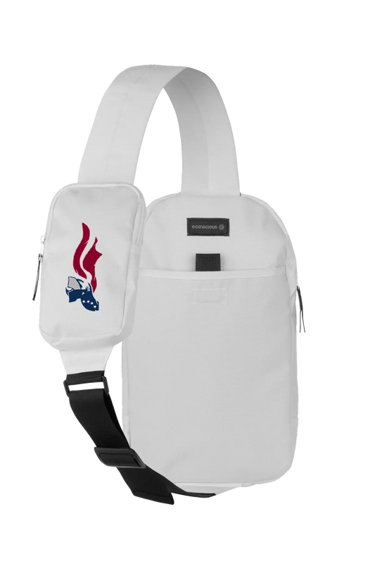 White sling bag with a logo on a white background. Paper Street Print Co, Blairstown, NJ.