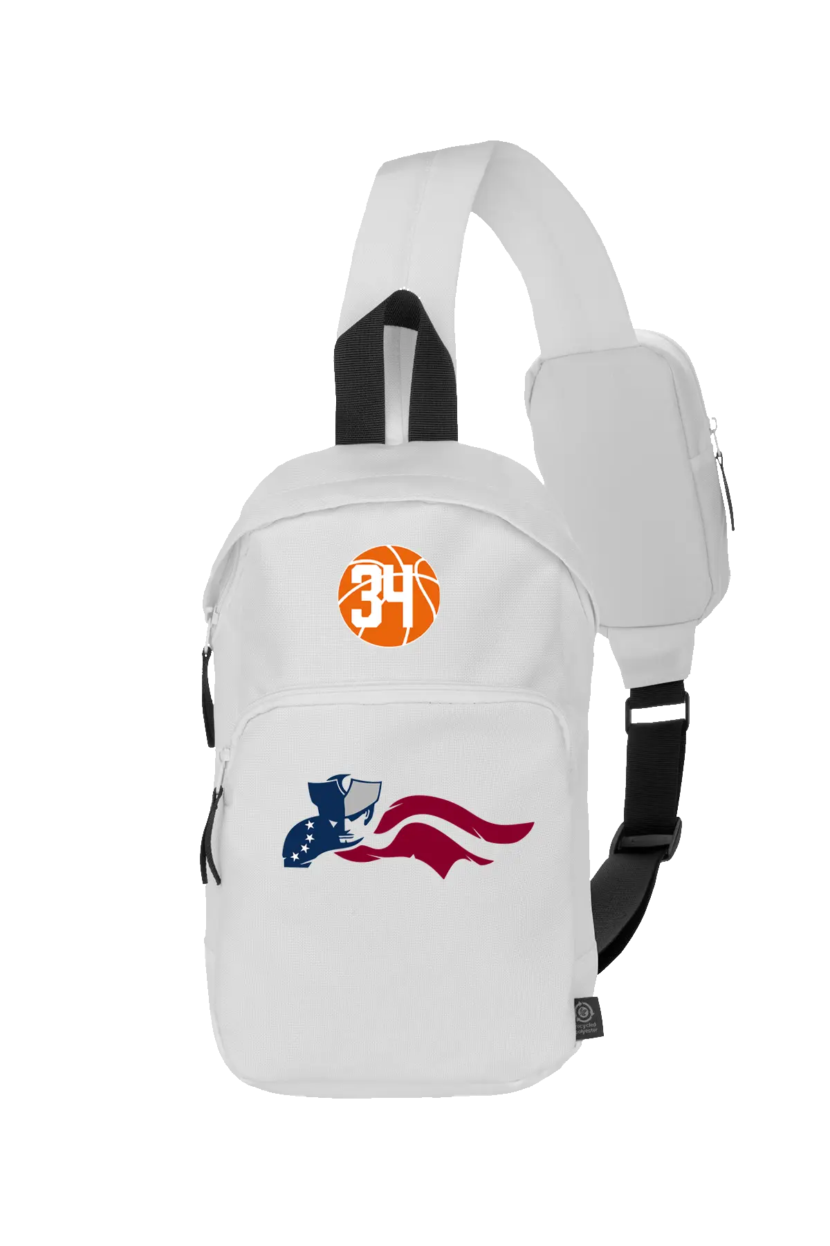 White sling bag with basketball player number 34 and American flag design on a white background. Paper Street Print Co, Blairstown, NJ.