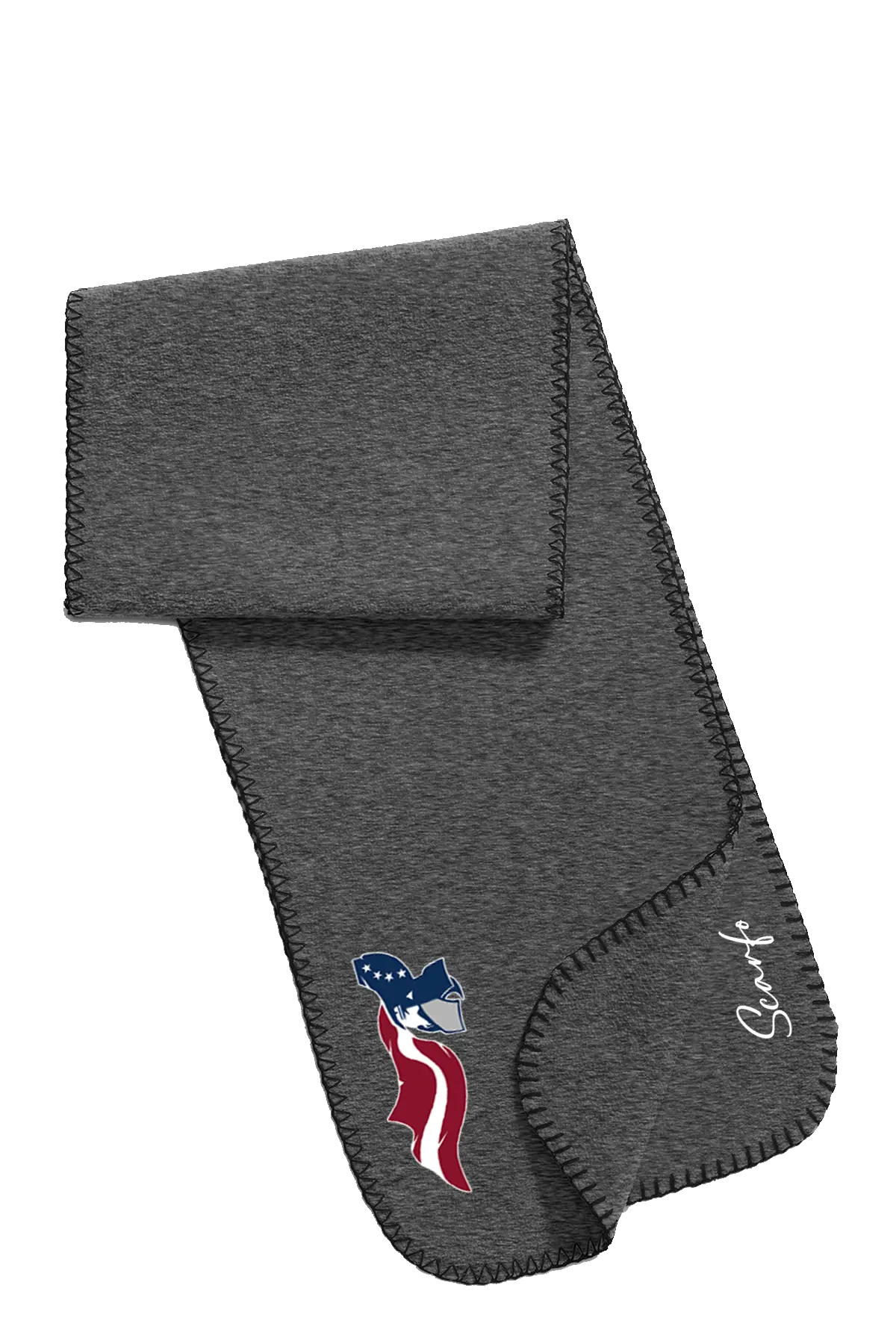 Gray scarf with a logo on a white background. Paper Street Print Co, Blairstown, NJ.