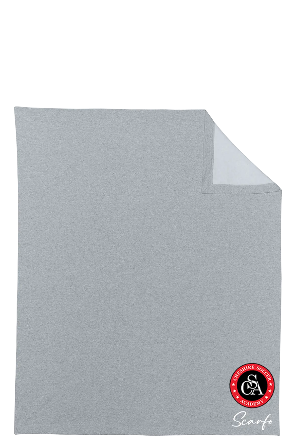 Gray blanket with a brand logo in the corner on a white background. Paper Street Print Co, Blairstown, NJ.
