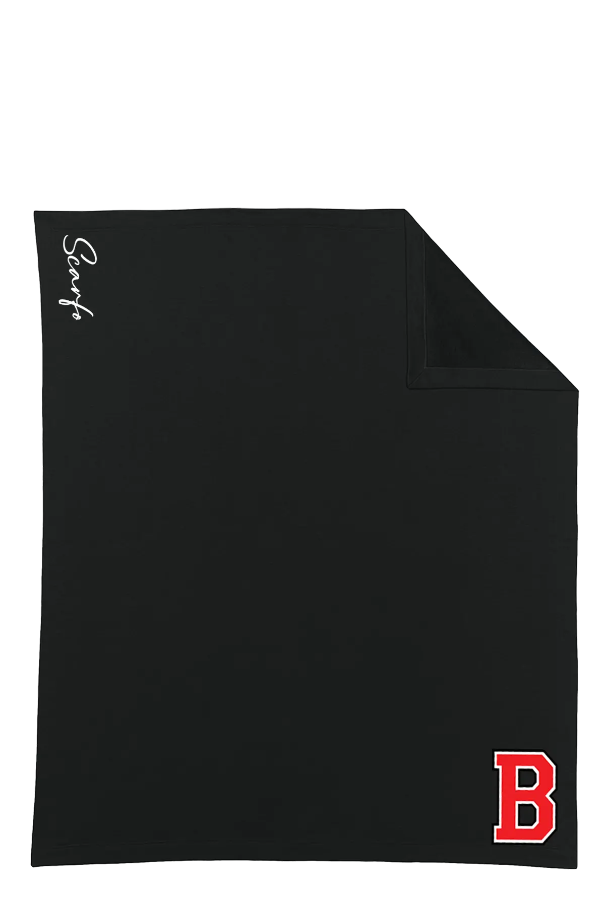 A black square towel or blanket with a folded top-right corner, featuring a white script logo on the left side and a red block letter 'B' on the bottom right, shown on a plain white background. Belvidere Lady Seaters Basketball, Paper Street Print Co, Blairstown, NJ.