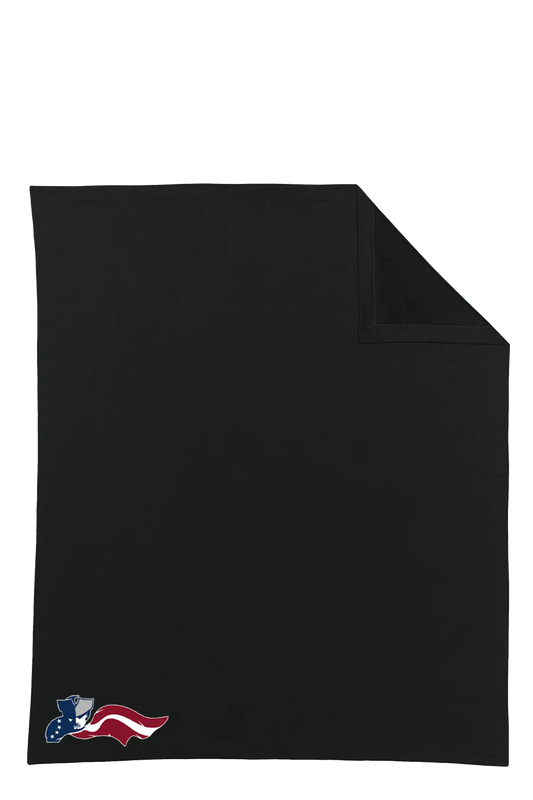 Black towel with a small flag design on a white background. Paper Street Print Co, Blairstown, NJ.