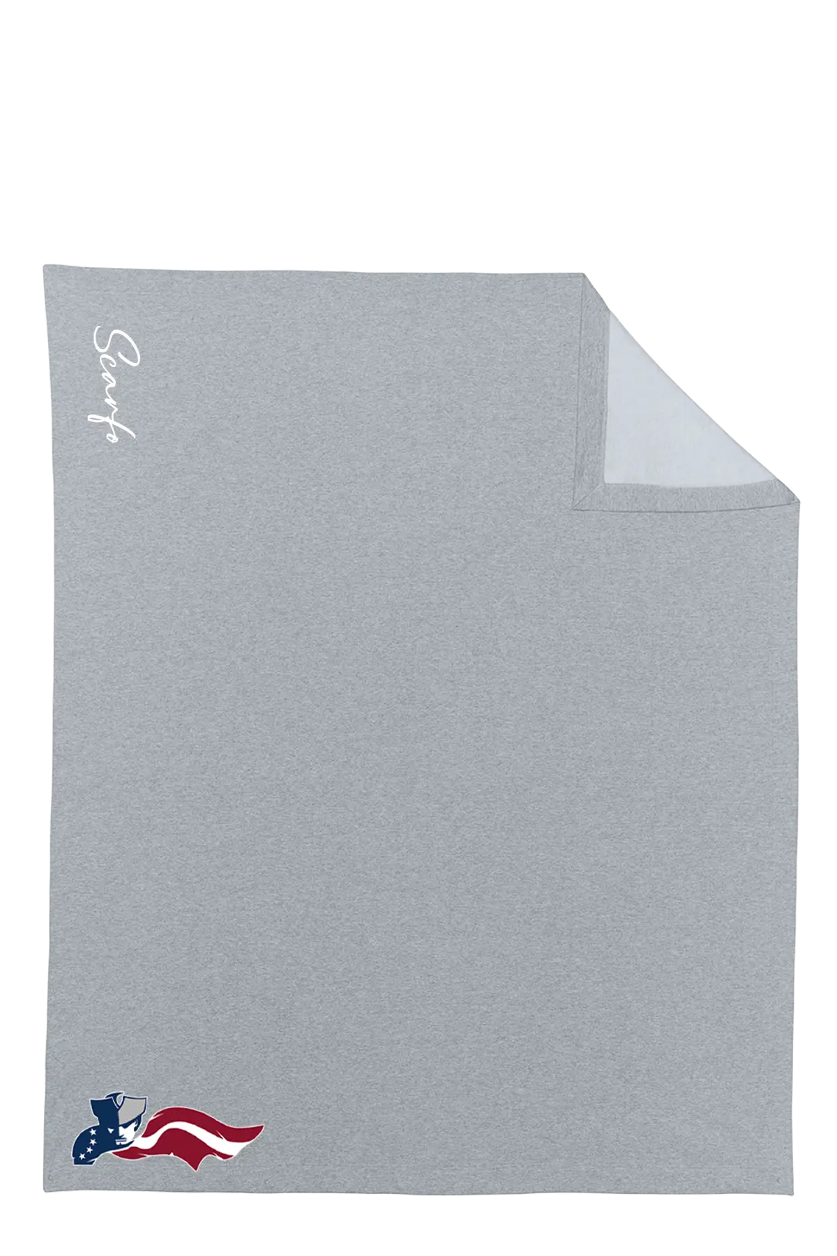 Gray towel with 'Scarfo' branding and a small flag design on a white background. Paper Street Print Co, Blairstown, NJ.