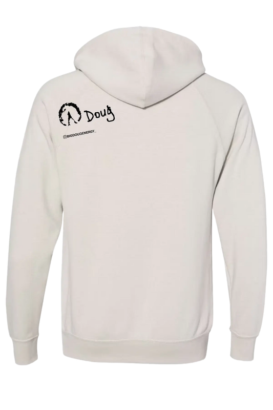 Beige hoodie with black text and logo on the back against a white background. #BIGDOUGENERGY Paper Street Print Co, Blairstown, NJ.