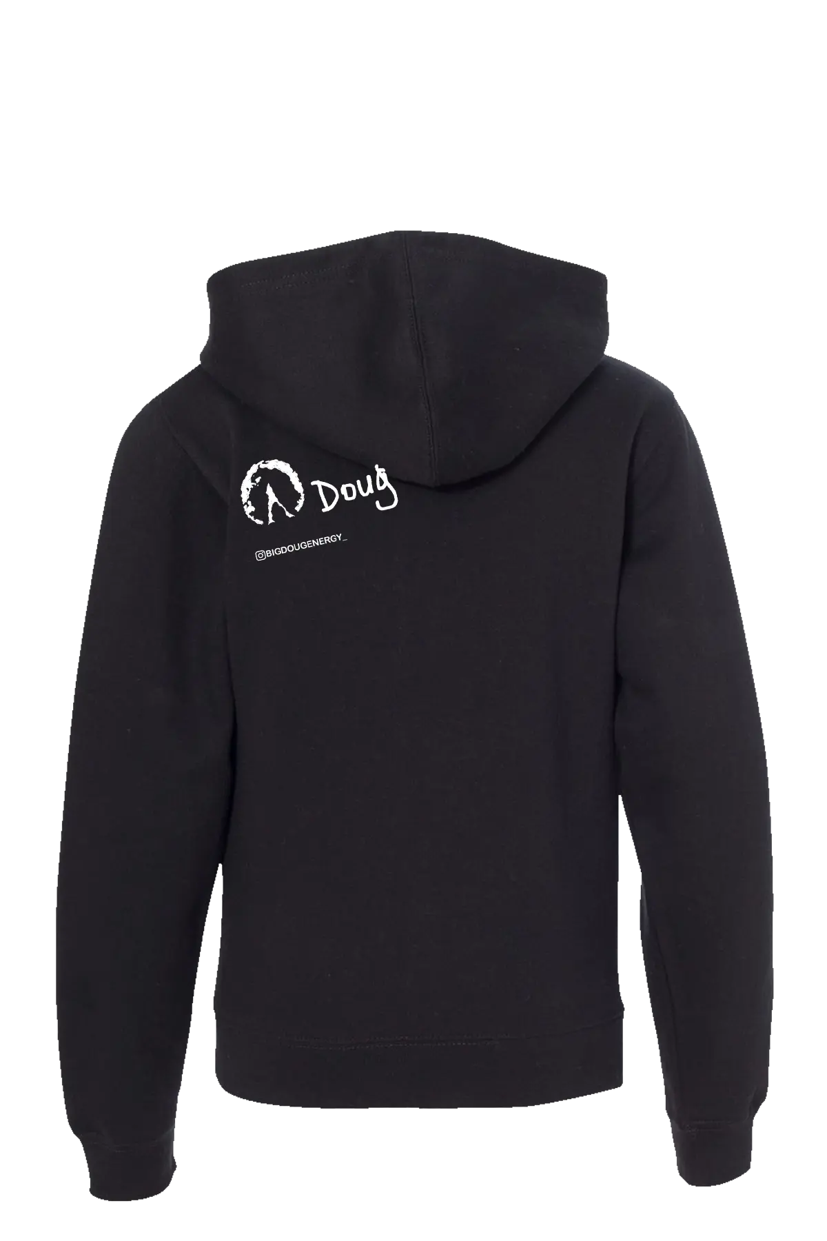 Black hoodie with a logo and text on the back against a white background. #BIGDOUGENERGY Paper Street Print Co, Blairstown, NJ.
