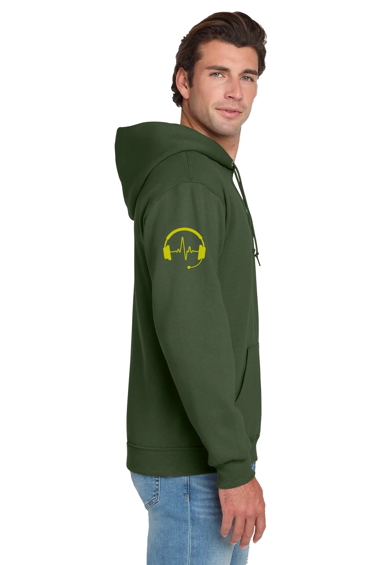Man wearing a green hoodie with a yellow logo on a white background. Paper Street Print Co, Blairstown, NJ.