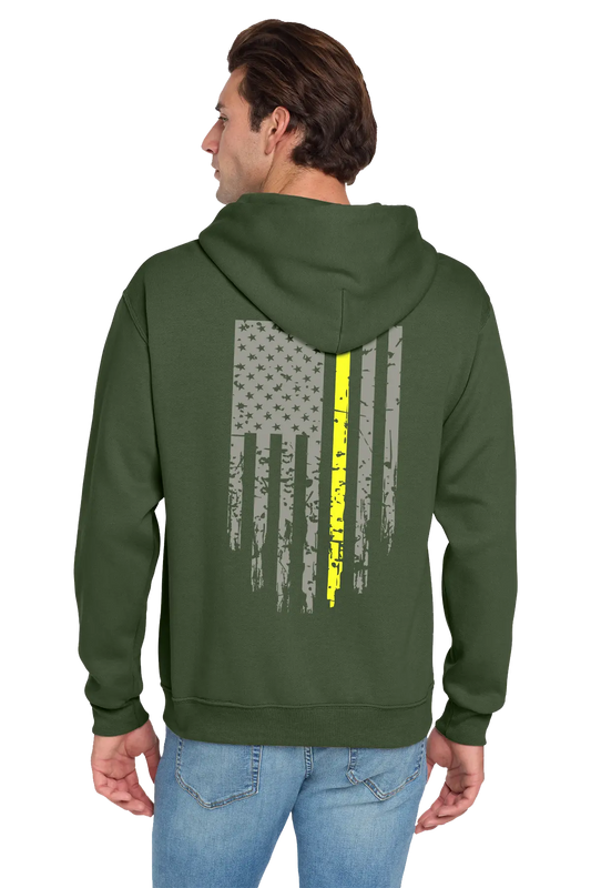 Green hoodie with a flag design on the back worn by a person, on a white background. Paper Street Print Co, Blairstown, NJ.