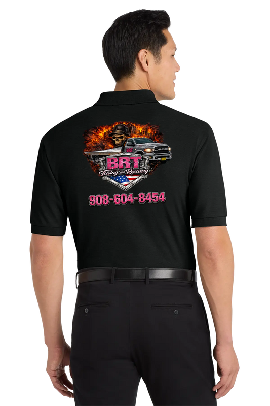 Person wearing a black shirt with a colorful graphic and text on the back. BRT Towing and Recovery, Paper Street Print Co, Blairstown, NJ.