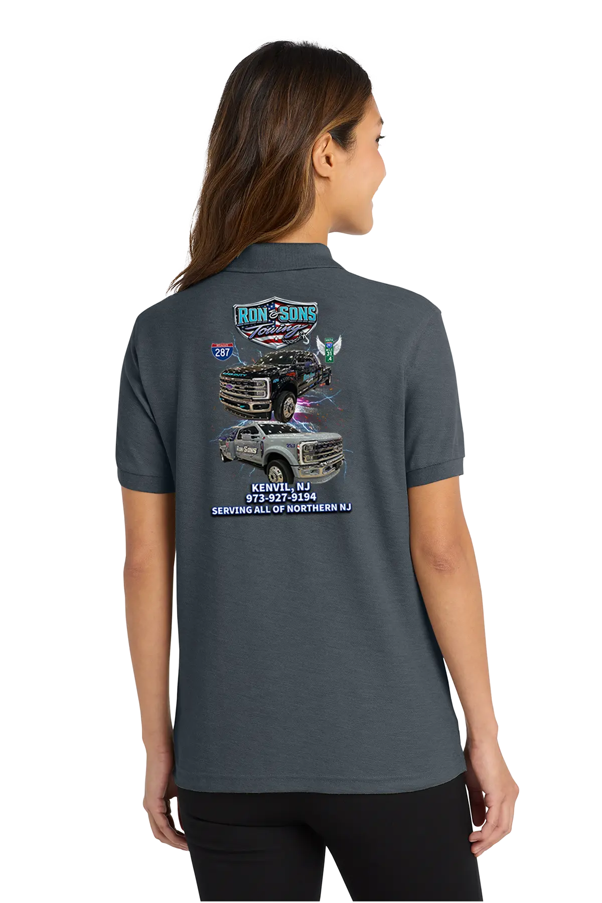 Person wearing a dark gray polo shirt with a graphic on the back, standing against a white background. Ron and Sons Towing, Paper Street Print Co, Blairstown, NJ.