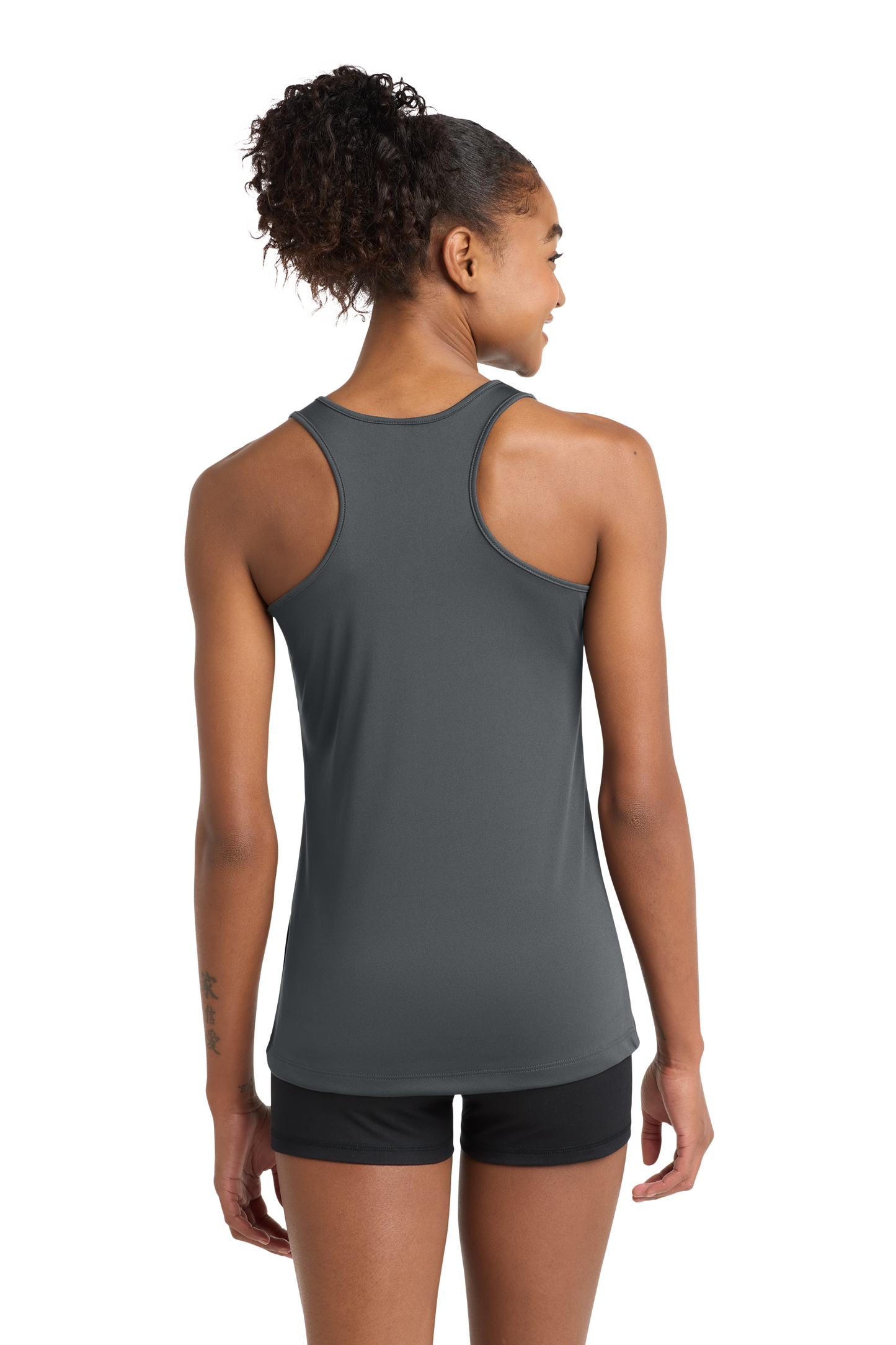 Woman wearing a gray tank top and black shorts on a white background. BRT Towing and Recovery, Paper Street Print Co, Blairstown, NJ.