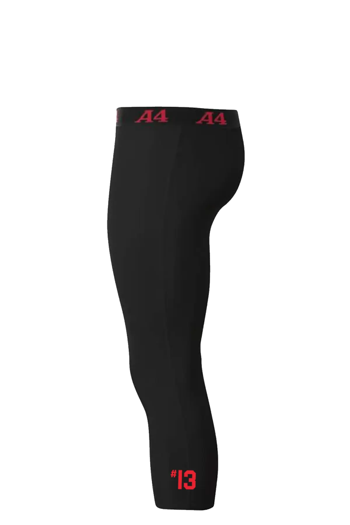 Black compression leggings with red branding and numbers on a white background. Cheshire Soccer Academy. Paper Street Print Co, Blairstown, NJ.