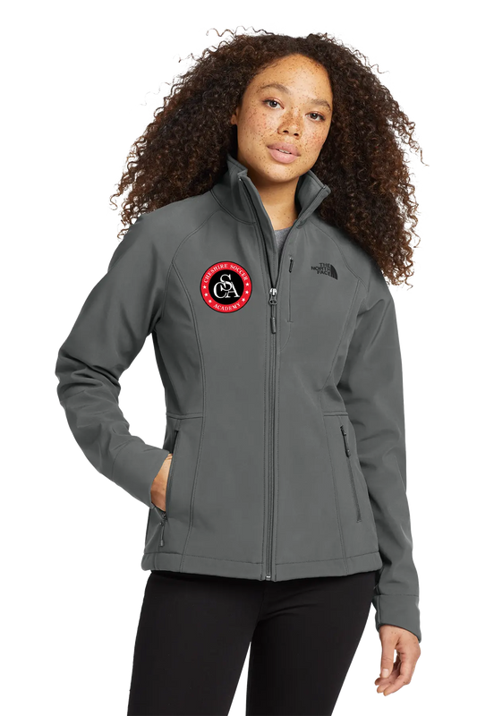 Woman wearing a gray jacket with a logo on a white background. Paper Street Print Co, Blairstown, NJ.