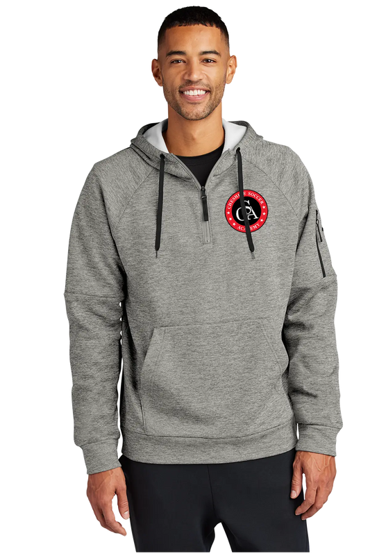 Man wearing a gray hoodie with a logo on a white backgroundPaper Street Print Co, Blairstown, NJ.