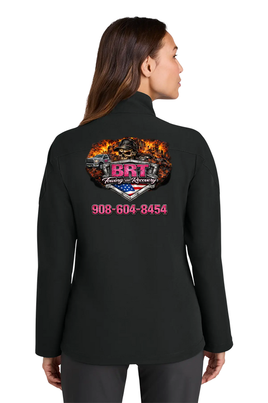 Black jacket with a design on the back featuring text and graphics, worn by a person. BRT Towing and Recovery, Paper Street Print Co, Blairstown, NJ.