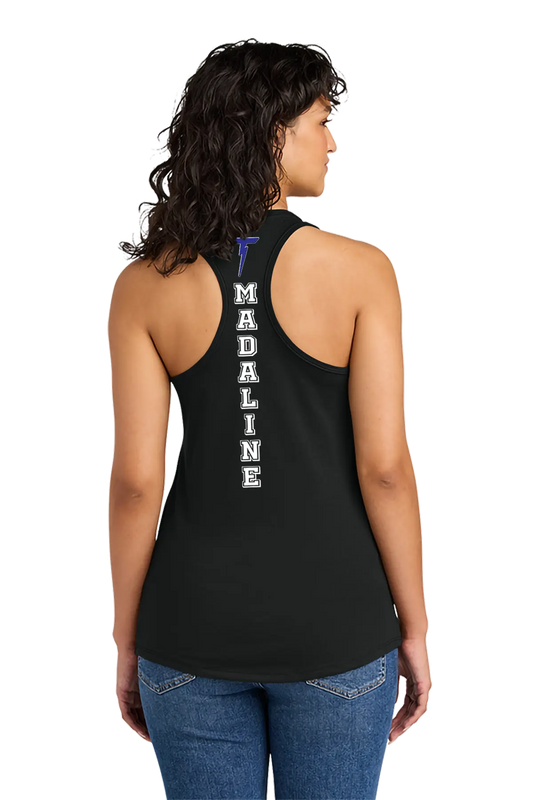 Woman wearing a black tank top with 'Madaline' printed on the back, on a white background. Paper Street Print Co, Blairstown, NJ.