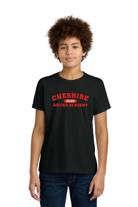 Person wearing a black t-shirt with 'Cheshire Soccer Academy 2023' text on a white background. Paper Street Print Co, Blairstown, NJ.