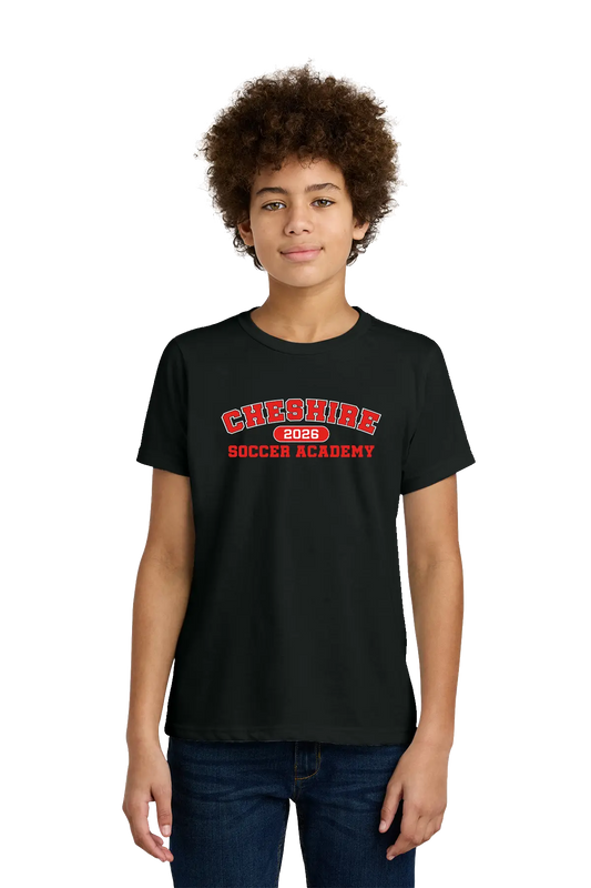 Person wearing a black t-shirt with 'Cheshire Soccer Academy' text on a white background. Paper Street Print Co, Blairstown, NJ.