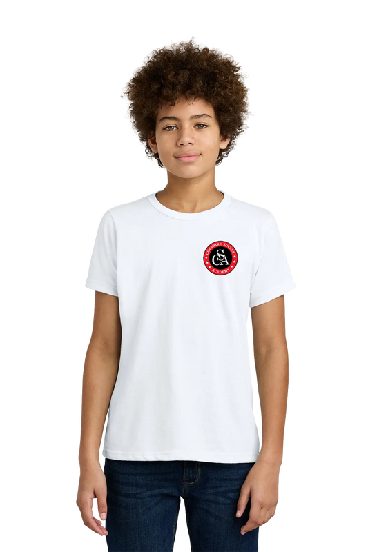 Person wearing a white t-shirt with a red and black logo on a white background. Paper Street Print Co, Blairstown, NJ.