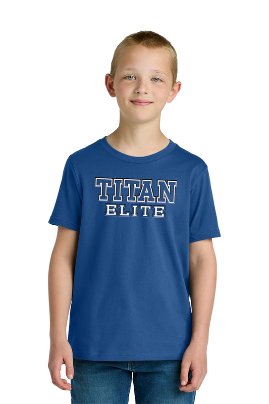 Child wearing a blue 'TITAN ELITE' t-shirt on a white background. Paper Street Print Co, Blairstown, NJ.