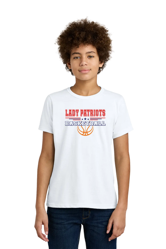 Person wearing a white t-shirt with 'LADY PATRIOTS BASKETBALL' text and design. Paper Street Print Co, Blairstown, NJ.